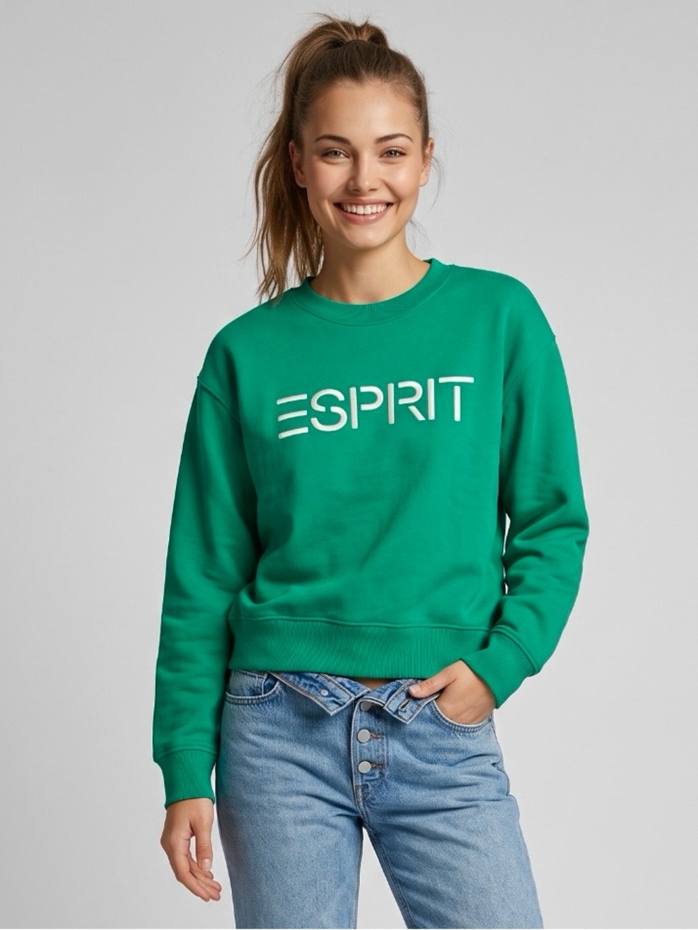 🌻NEW w/tag ESPRIT Green Fleece Sweatshirt Multicolor Embroidered Logo Size XL